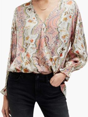AllSaints Penny Cascade Faux Wrap Top Paisley Floral Print Blouse Cream